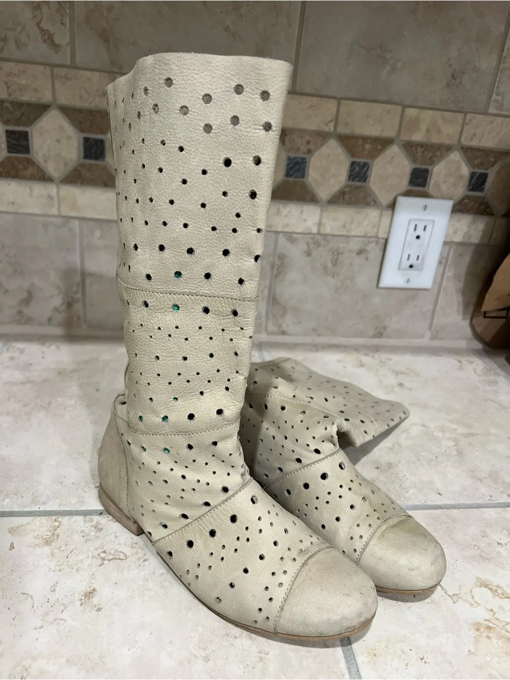 Women’s Cream Perforated Mid-Calf Boots